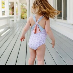 The Beaufort Bonnet Company Kids Swim One Piece - Light Blue and Pink